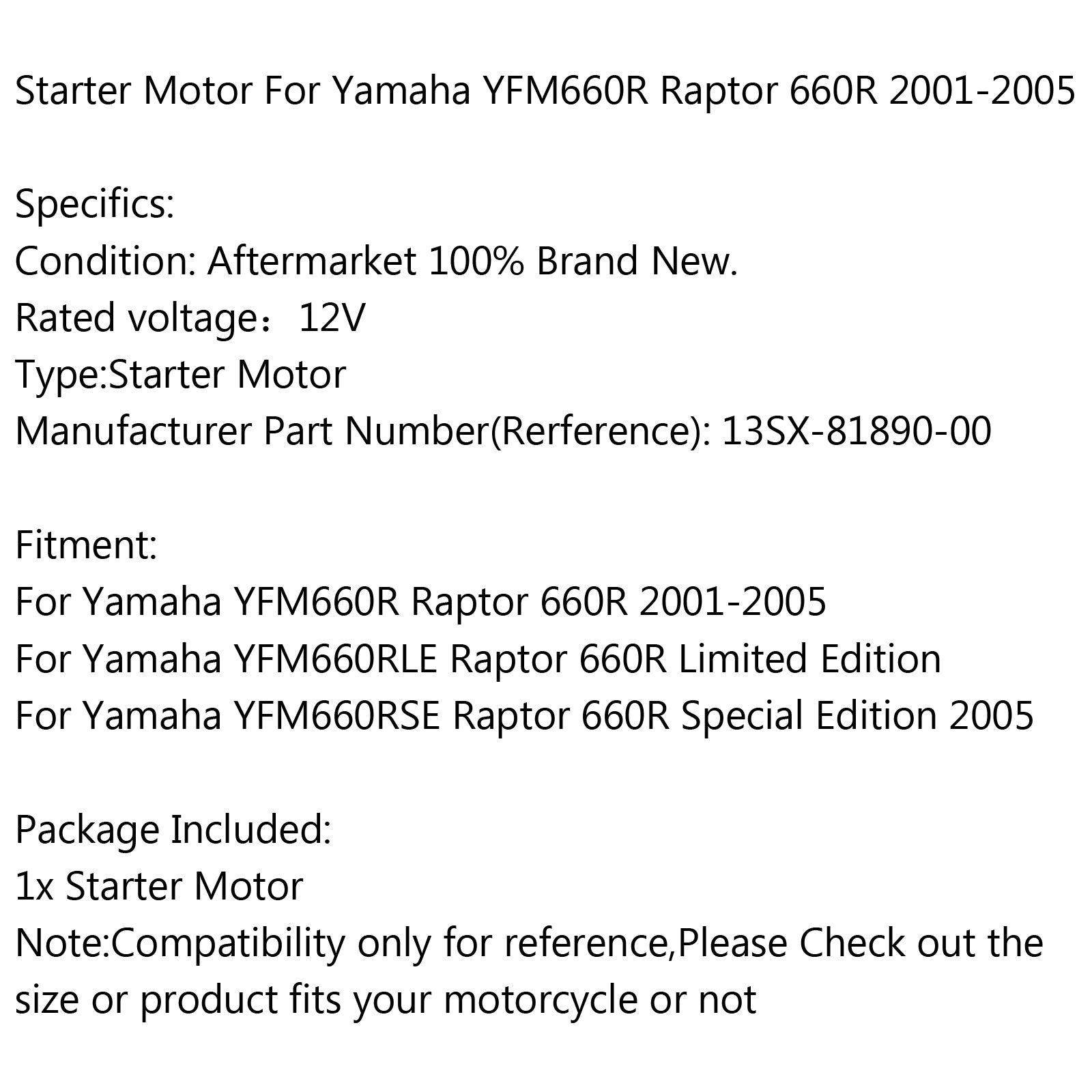 Starter Motor For Yamaha Atv Raptor YFM660RR YFM660RSE Raptor 660R 2001-2000