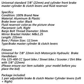 Universal 7/8" 22mm Front Brake Clutch Master Cylinder Reservoir Levers Silver Generic