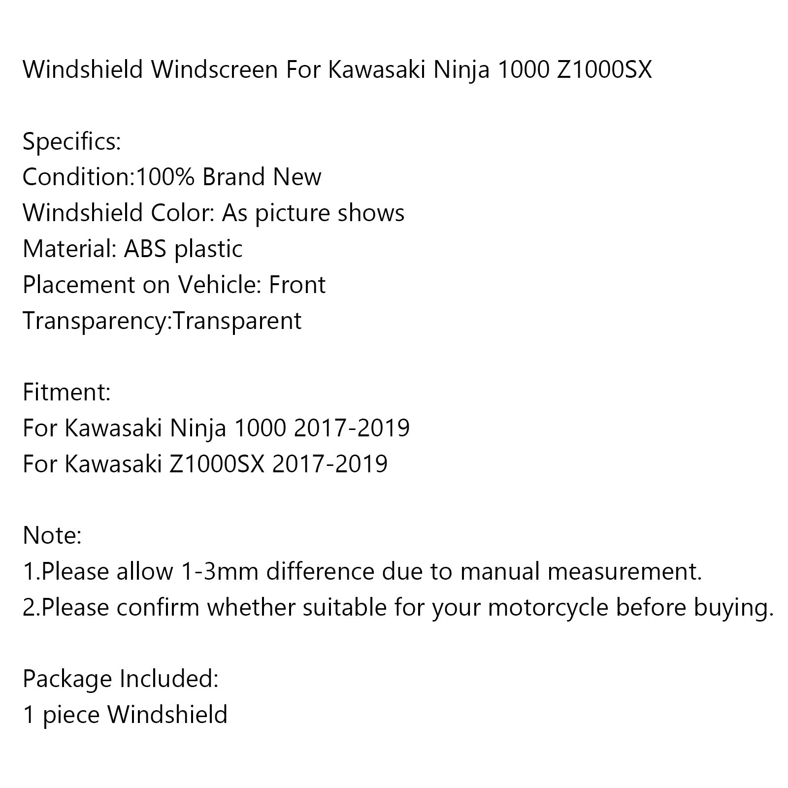 Motorcycle Windscreen Windshield For Kawasaki Ninja 1000 Z1000SX 2017-2019 Generic