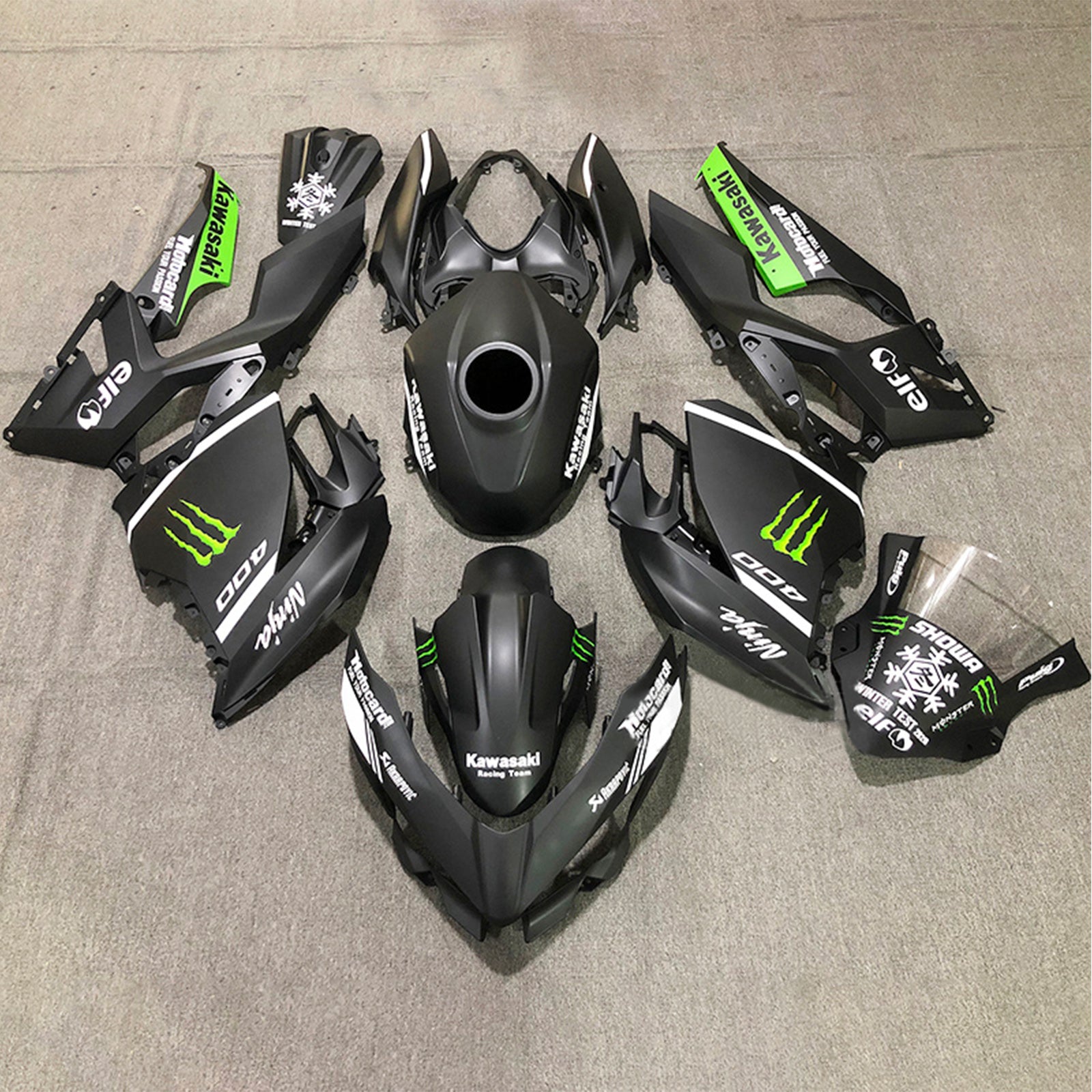 Amotopart Kawasaki 2018-2023 EX400/Ninja400 Kit de carenado negro verde mate