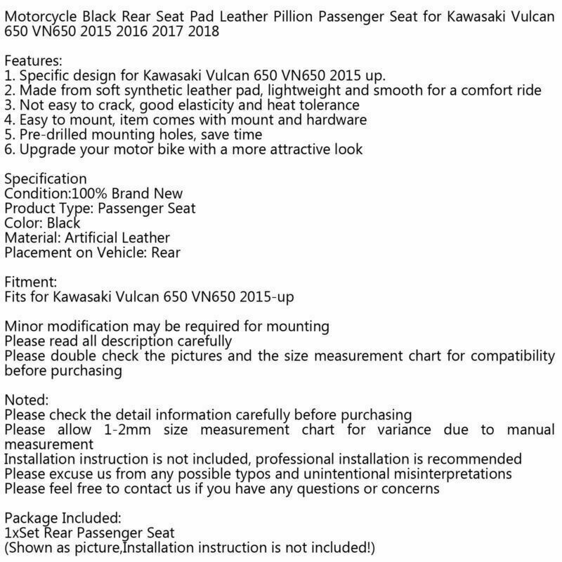 Almohadilla de cuero para asiento trasero de motocicleta, asiento de pasajero para Kawasaki Vulcan 650 VN650 2015 2016 2017 2018 genérico