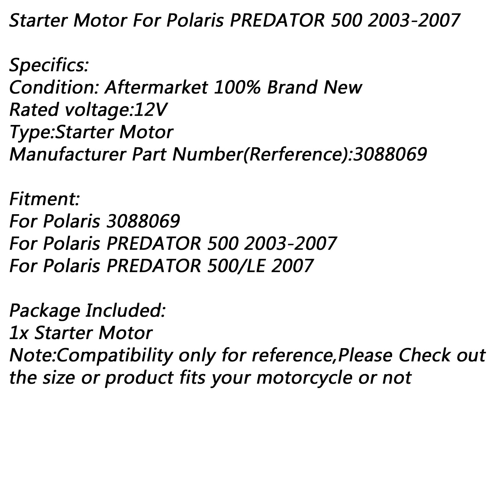 Electric Starter Motor for Polaris PREDATOR 500 2003-2007 PREDATOR 500/LE 2007