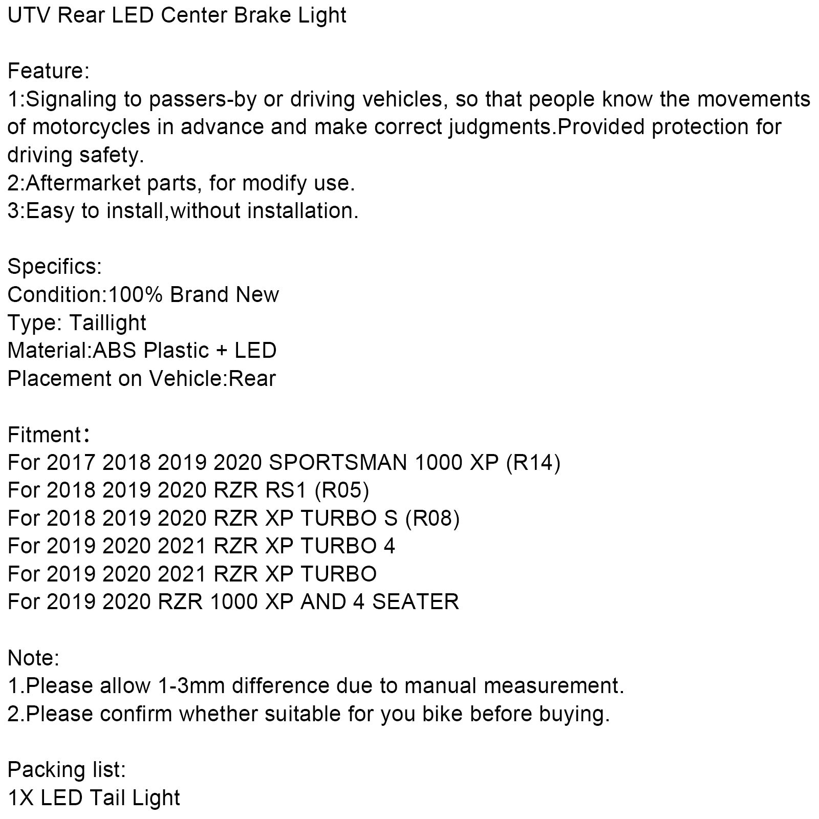 UTV Rear LED Center Brake Light For Polaris RZR RS1 TURBO Sportsman 1000 XP 18-21 Generic