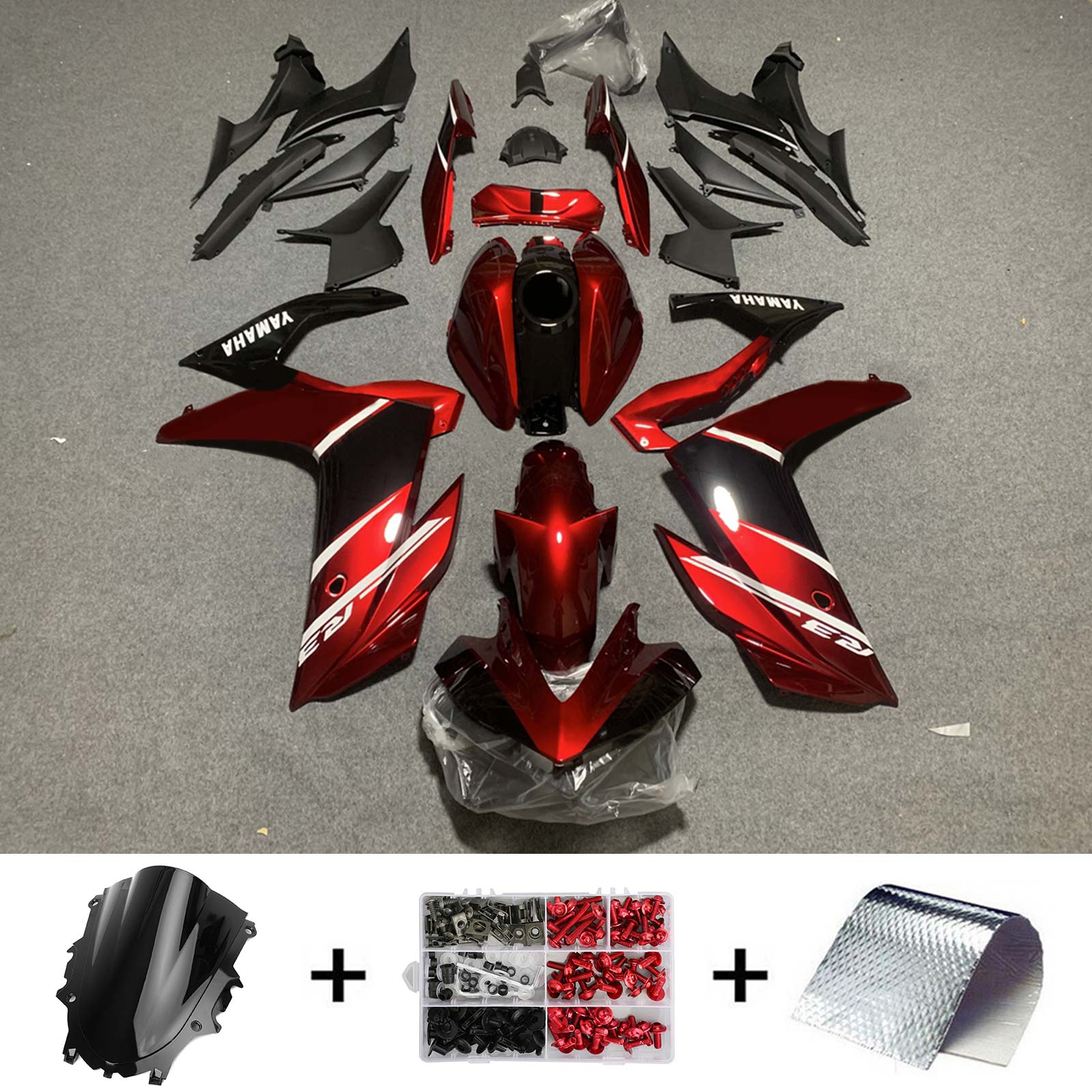 Kit de carénage Amotopart Yamaha 2019-2021 YZF R3/YZF R25 rouge et noir Style2