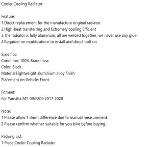Aluminum Radiator Cooling Cooler Fit For Yamaha MT09 FZ09 MT-09 2017-2020 Generic