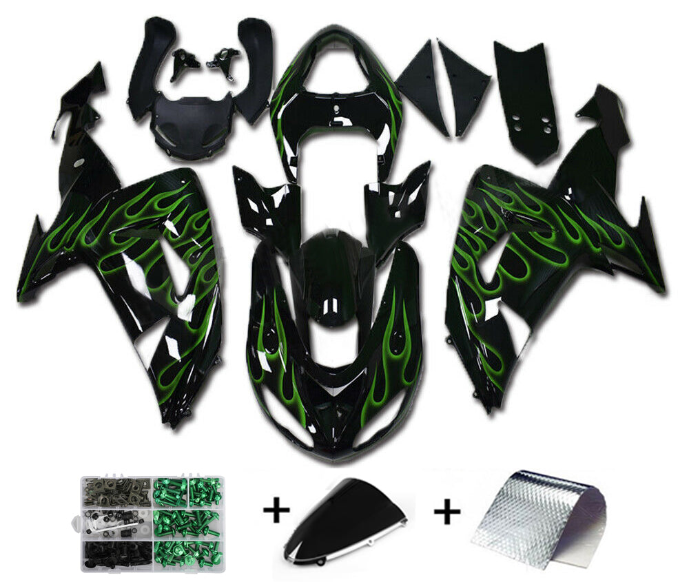 Amotopart 2006 2007 Kawasaki ZX10R Verkleidungsset mit grünen Flammen