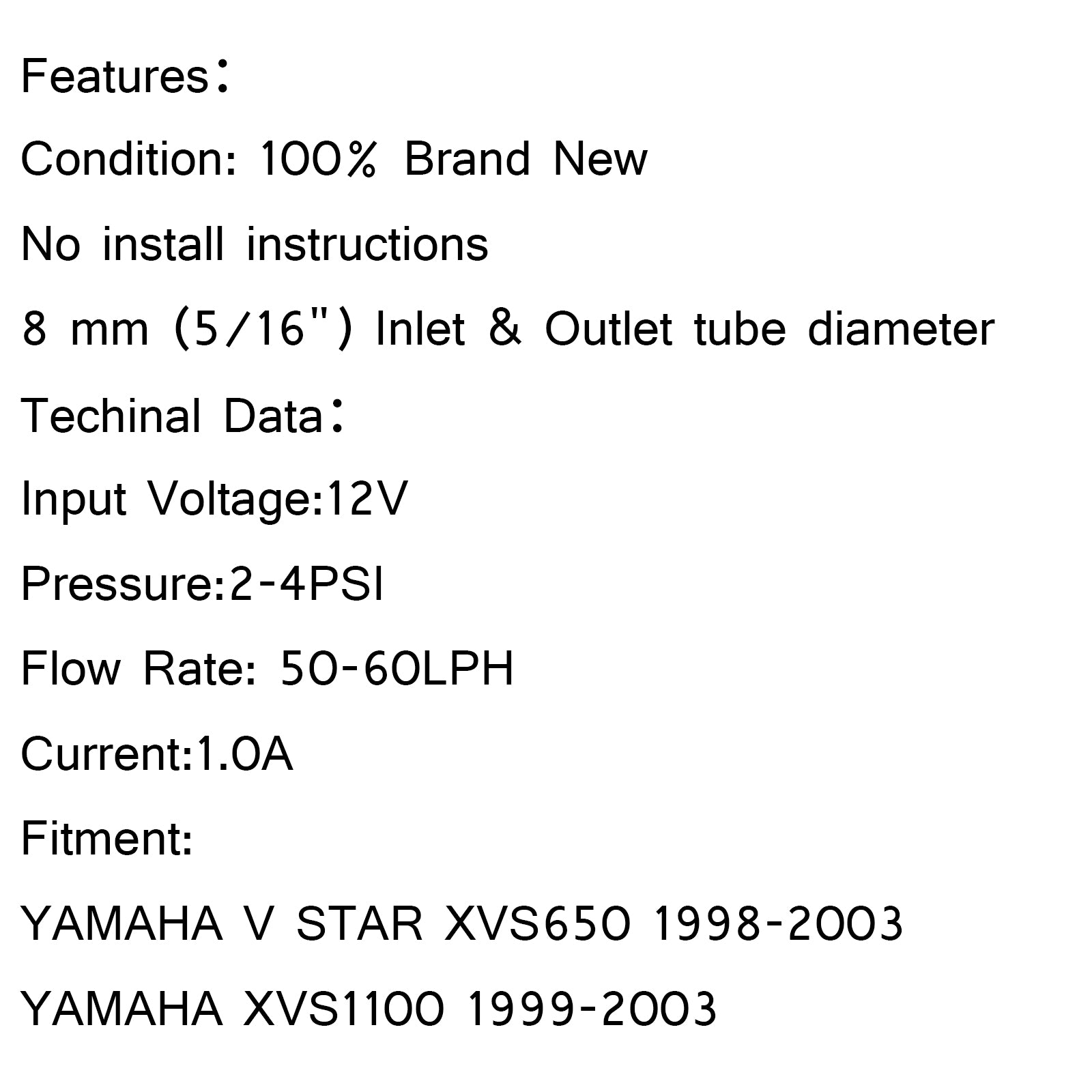 8mm 燃料ポンプ ヤマハ V スター 1998-2003 XVS650 & 1999-2003 XVS1100用