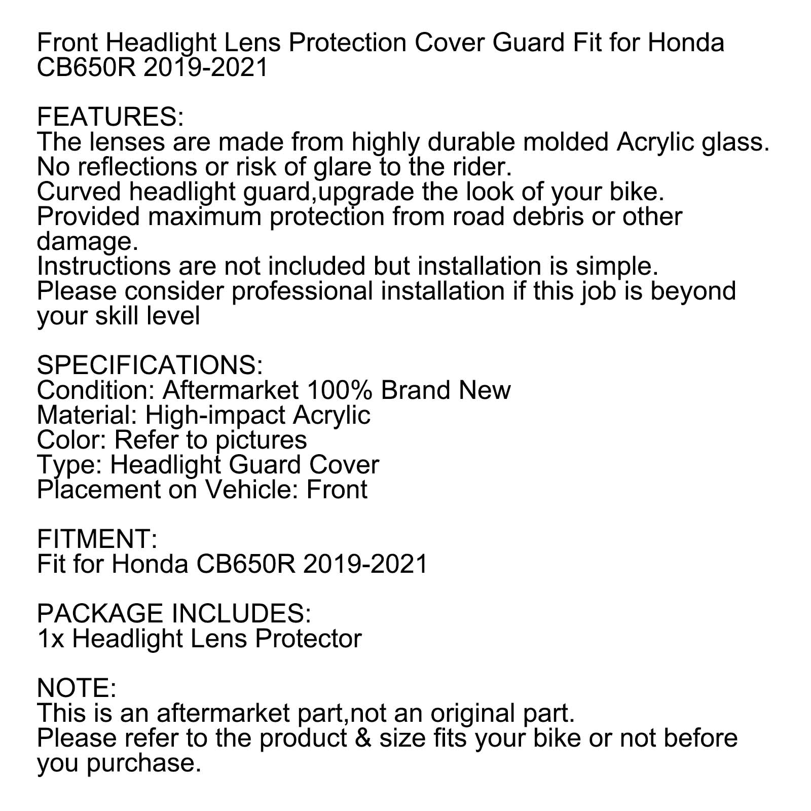 Lentille de phare avant, protection de lentille de lampe adaptée à Honda CBR 650 R 19-21, fumée générique