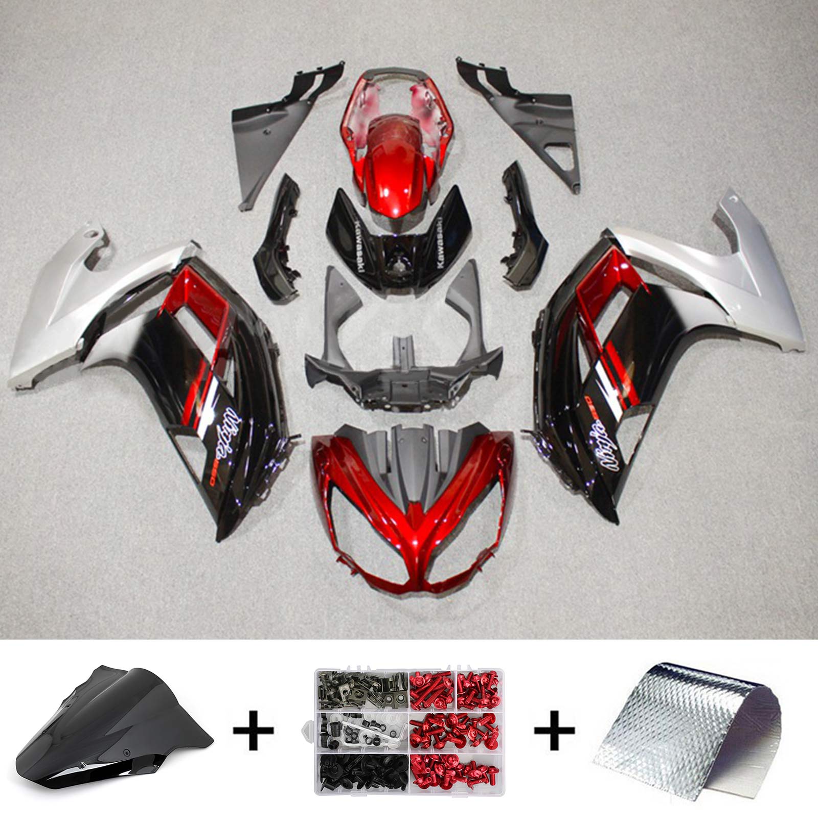 Amotopart 2012–2016 Kawasaki Ninja 650 Rot Schwarz Sliver Verkleidungsset