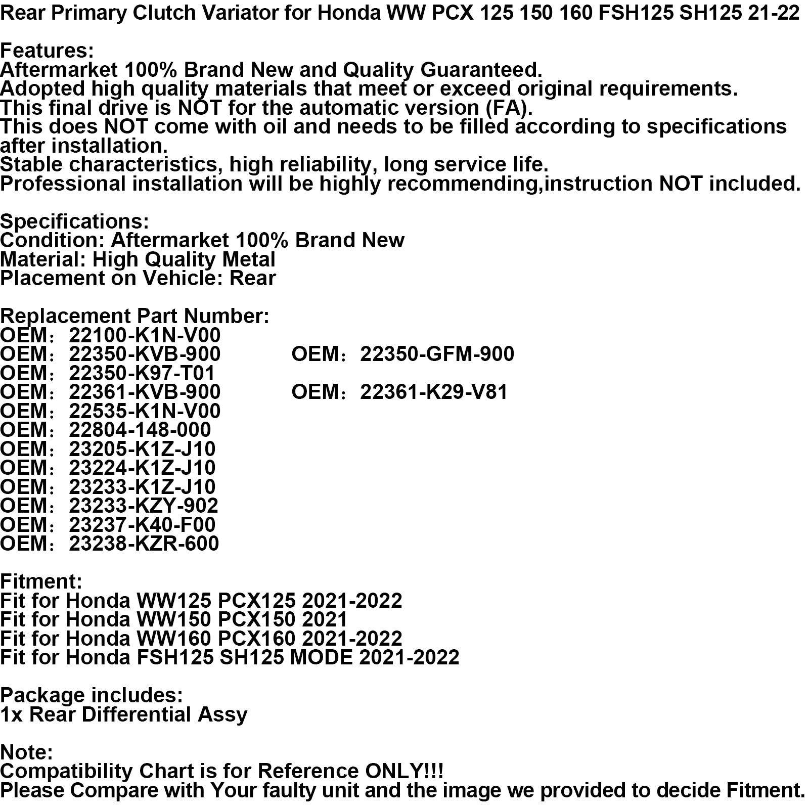 Variatore frizione posteriore primaria per Honda Ww Pcx 125 150 160 Fsh125 Sh125 21-2 Spedizione FedEx Express generica