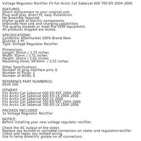 Regulator Voltage Fit for Arctic Cat Sabercat 600 700 EFI EXT LX 04-06 0630-166 Generic