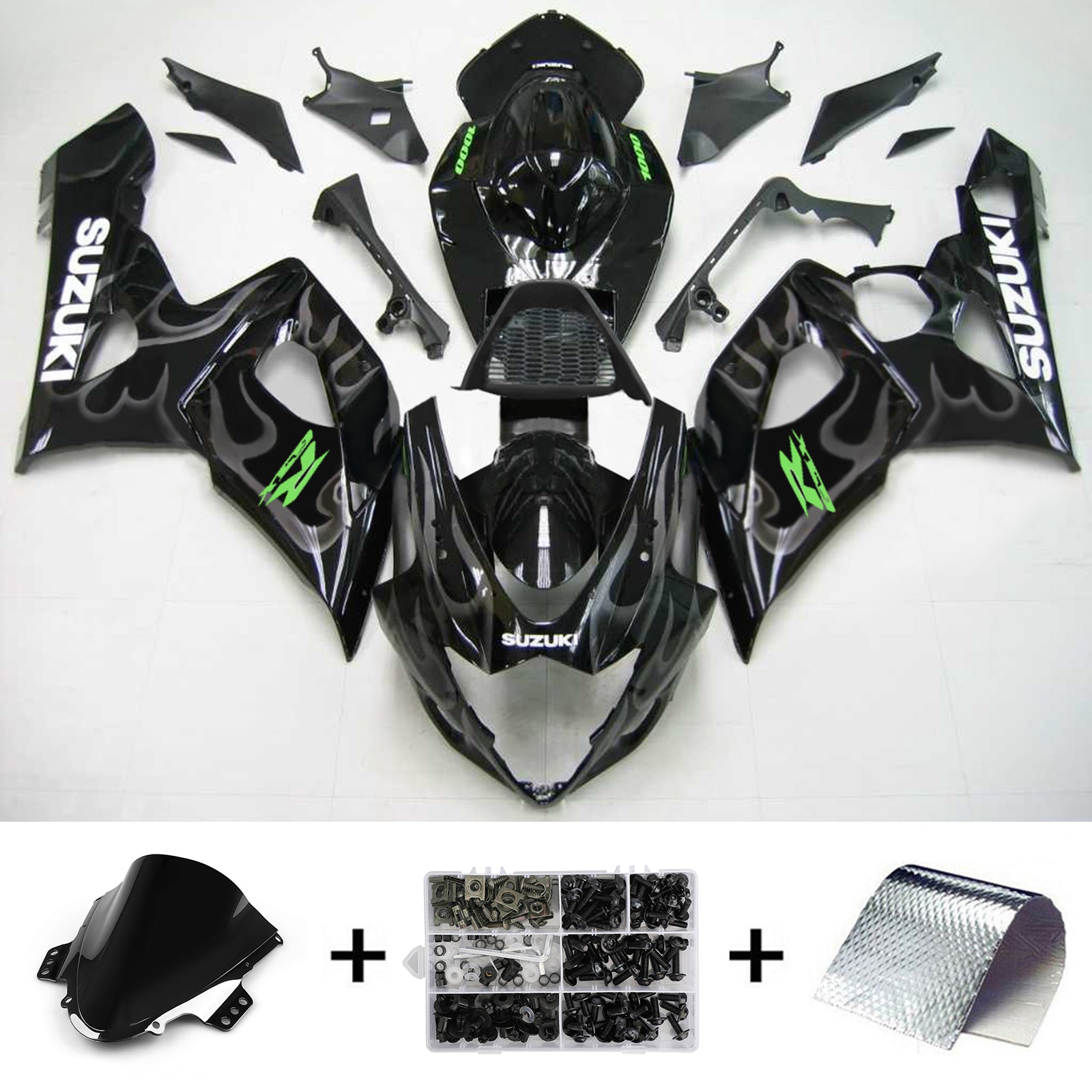 Amotopart 2005-2006 Suzuki GSXR1000 Fairing Black Fire&Green Kit