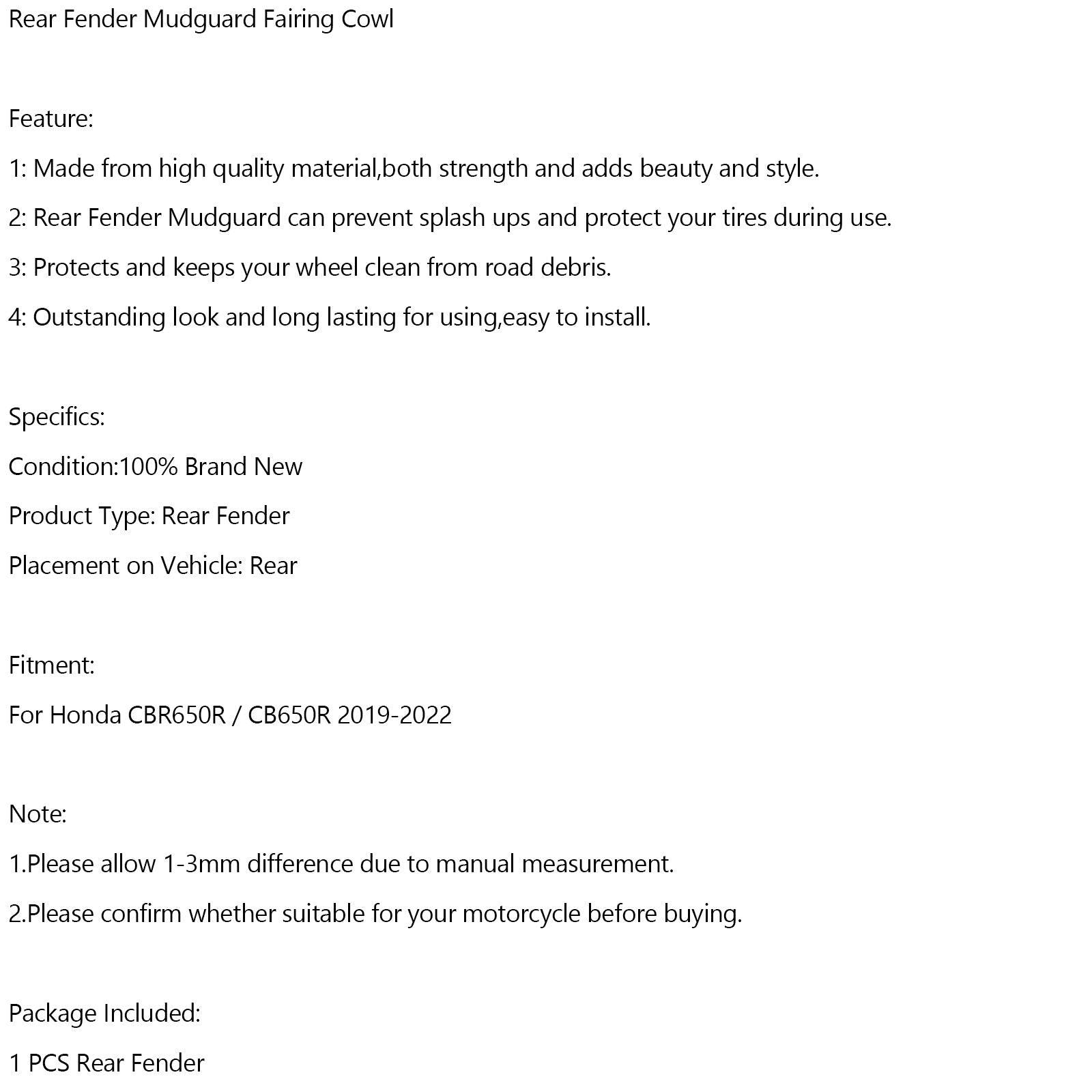 Rear Fender Mudguard Fairing Cowl For Honda CBR650R CB650R 2019-2022