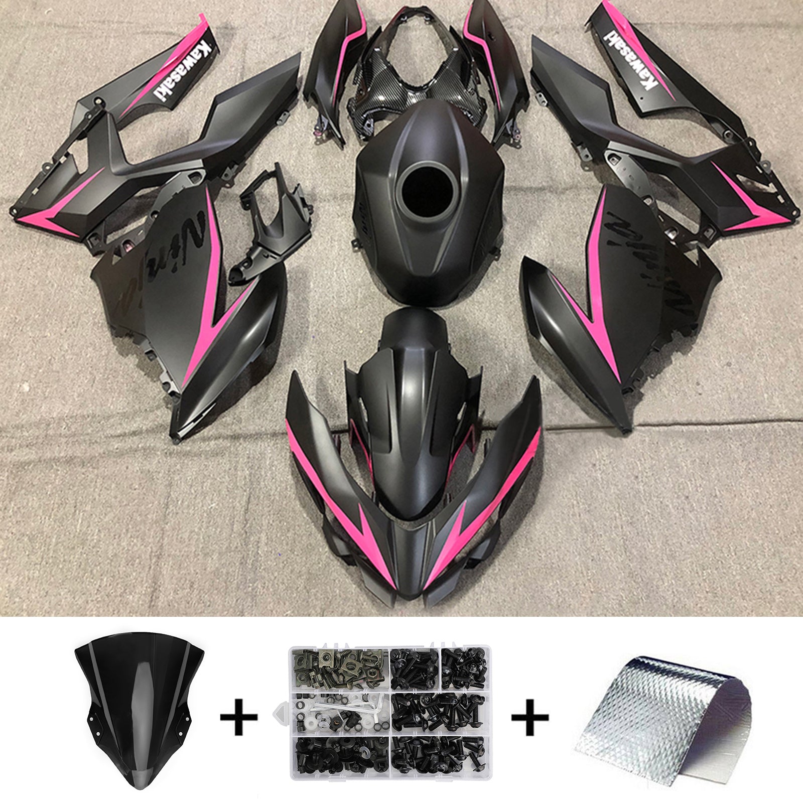 Kit de carénage Amotopart Kawasaki 2018-2023 EX400/Ninja400 ligne rose noir