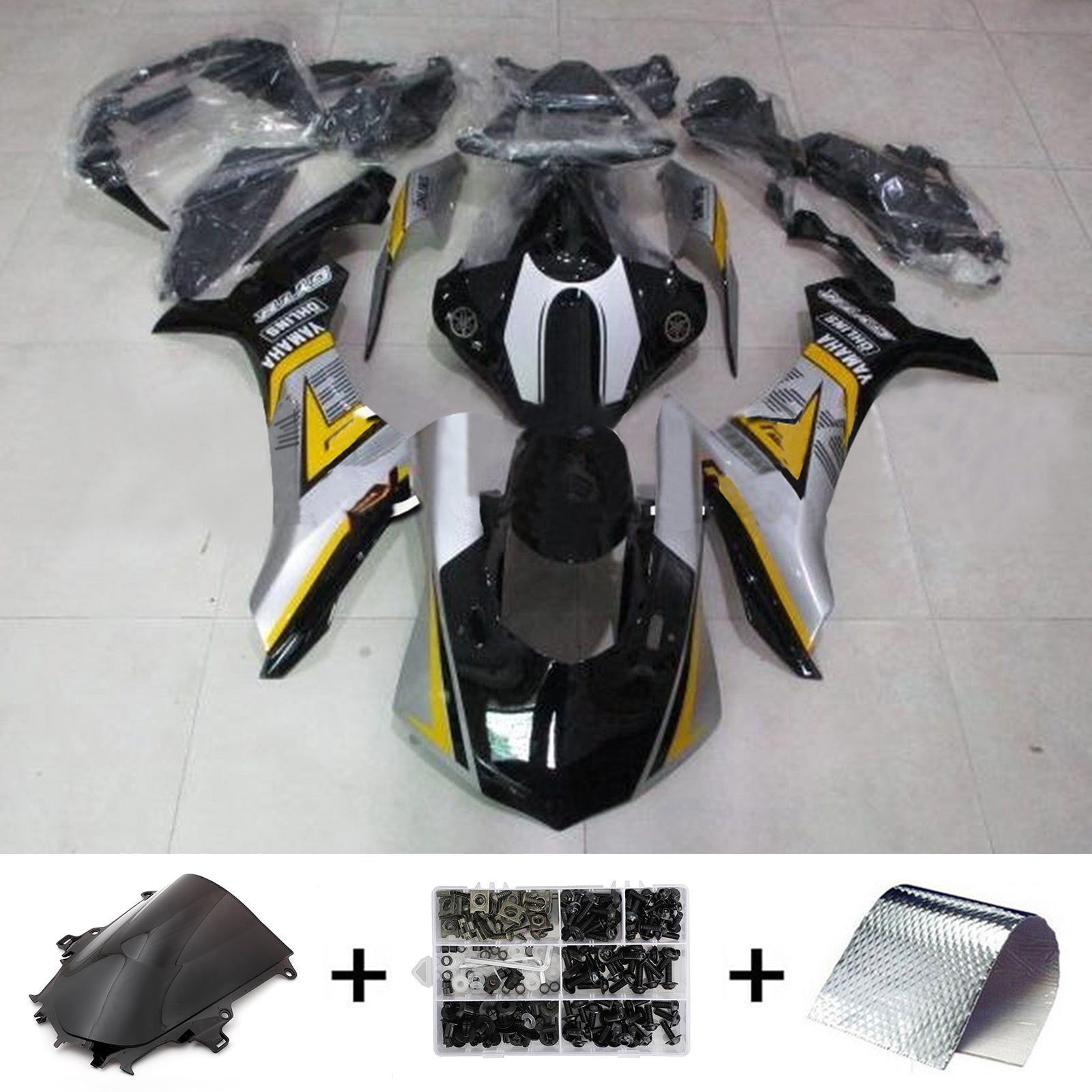 Amotopart 2015-2019 Yamaha YZF 1000 R1 Kit de carénage argent et jaune