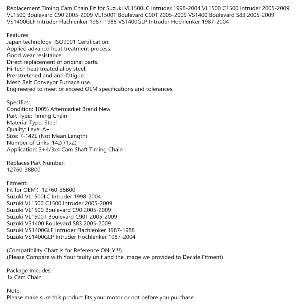 Timing Chain For Suzuki Vl1500Lc Vl1500 C1500 C90 Vl1500T Vs1400 12760-38B00 Generic