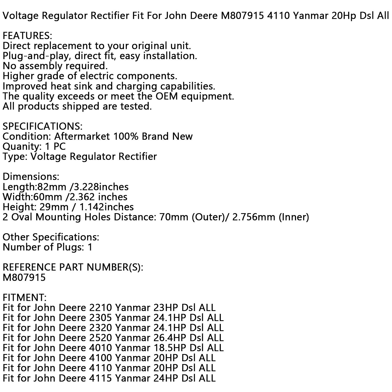Spannungsregler passend für John Deere 2320 Yanmar 24.1Hp 4115 Yanmar 24Hpdsl All Generic