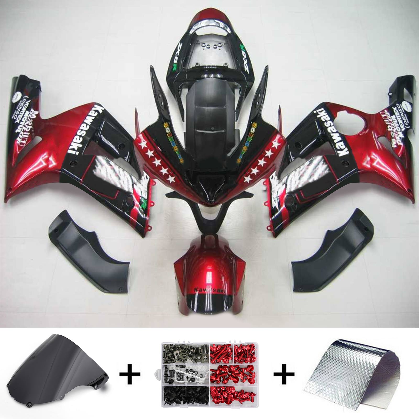 Amotopart 2003-2004 Kawasaki Zx6R 636 Gloss Black Red  Fairing Kit