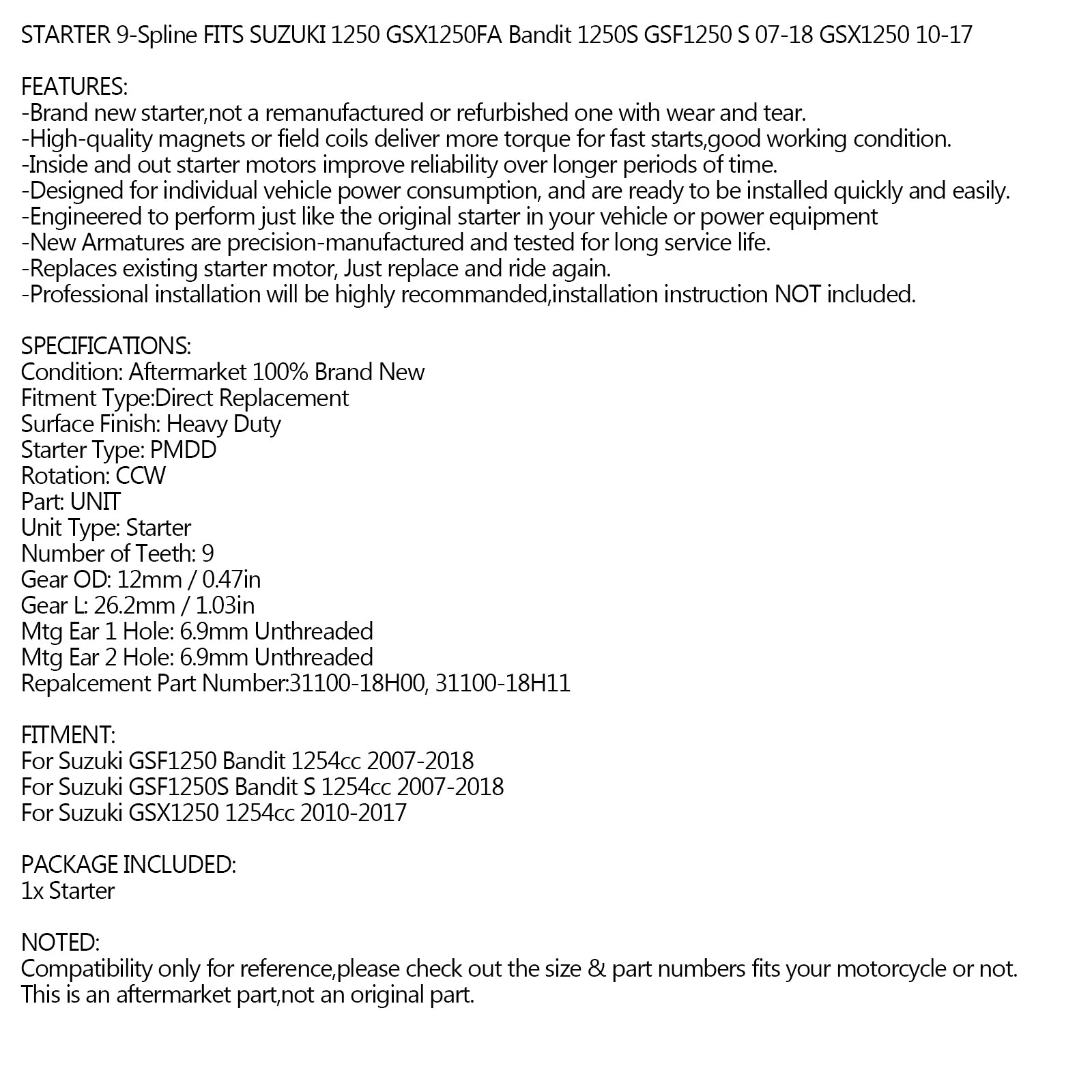 Anlasser für Suzuki GSF1250 Bandit 1250S 07–18 GSX1250 10–17 31100-18H00 Generisches FedEx Express-Versand