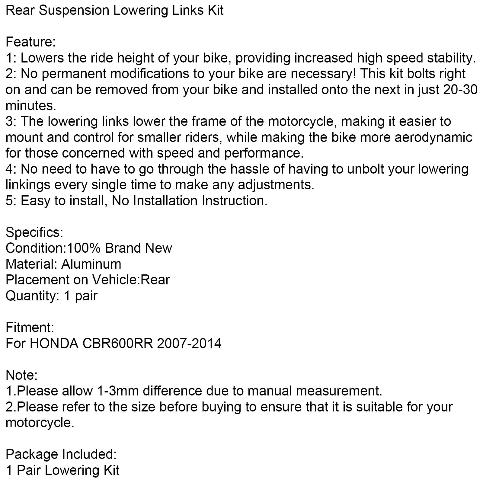 Kit zur Tieferlegung der Hinterradaufhängung, passend für Honda CBR600RR 2007–2014