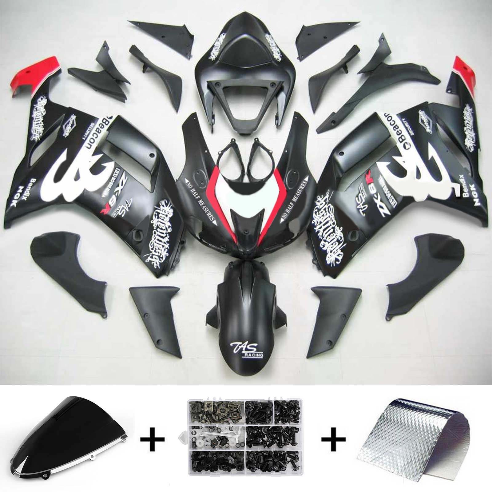 Amotopart Kawasaki 2007-2008 ZX6R 636 Sort Hvid Logos Fairing Kit