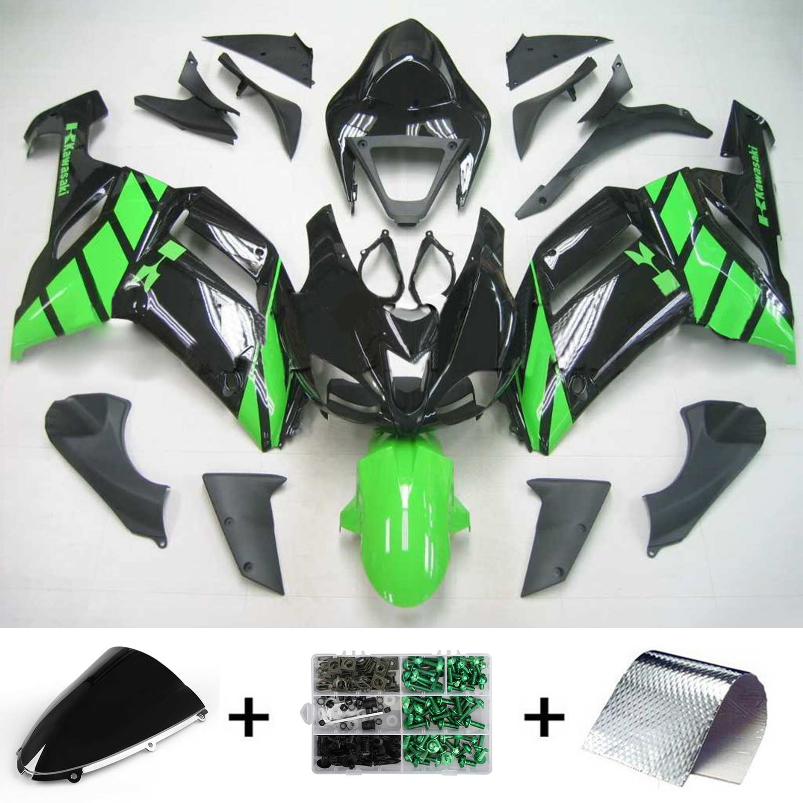 Amotopart Kawasaki 2007–2008 ZX6R 636 Schwarz Grün Verkleidungsset