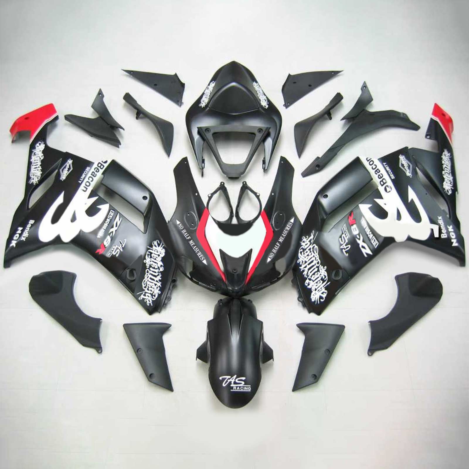 Amotopart Kawasaki 2007-2008 ZX6R 636 Sort Hvid Logos Fairing Kit