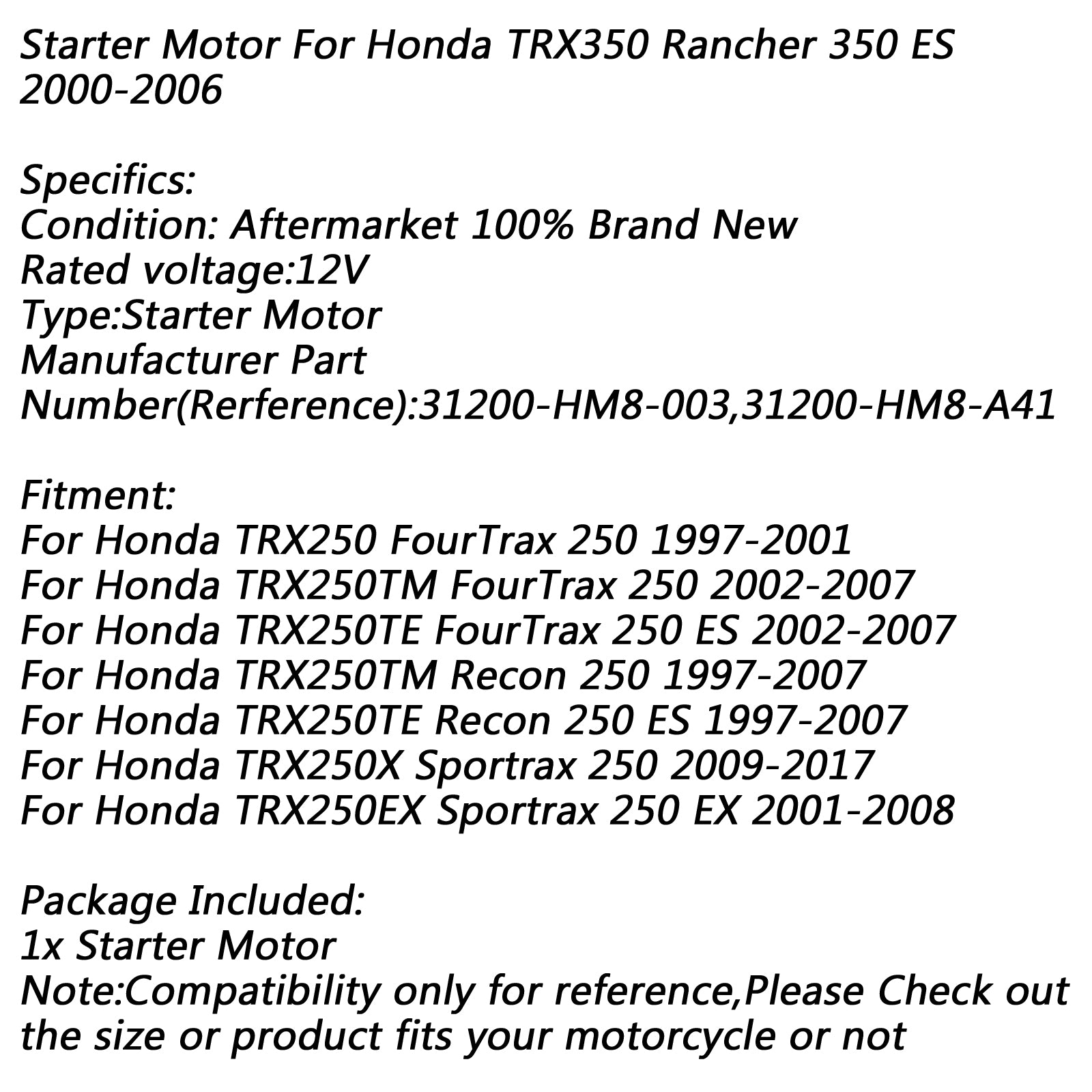 Electric Starter Motor for Honda TRX250 FourTrax 250 TRX250X Sportrax Recon ES