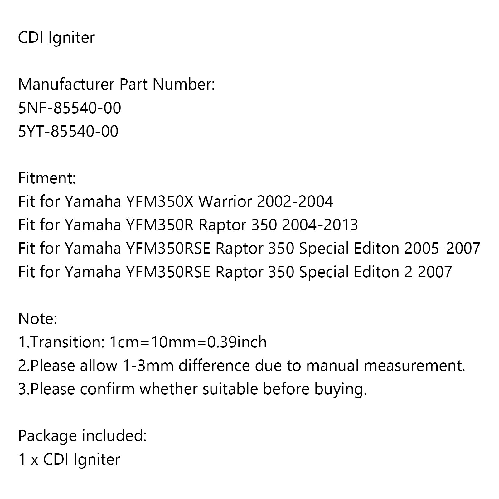 Accenditore CDI adatto per Yamaha YFM350X Warrior YFM350R Raptor 350 YFM350RSE
