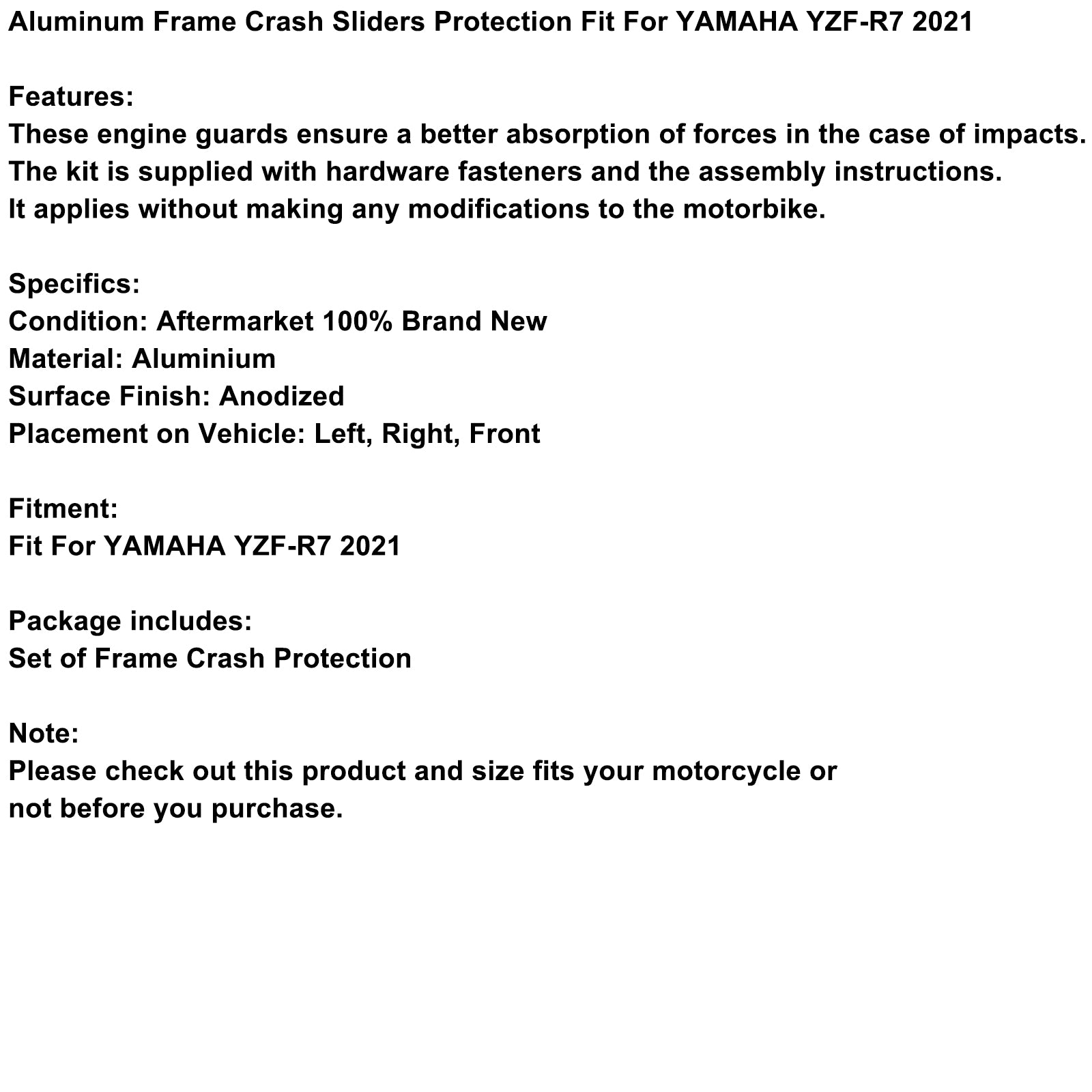Slider di protezione Crash Bobbins in alluminio nero adatti per Yamaha Yzf-R7 Yzf R7 2021