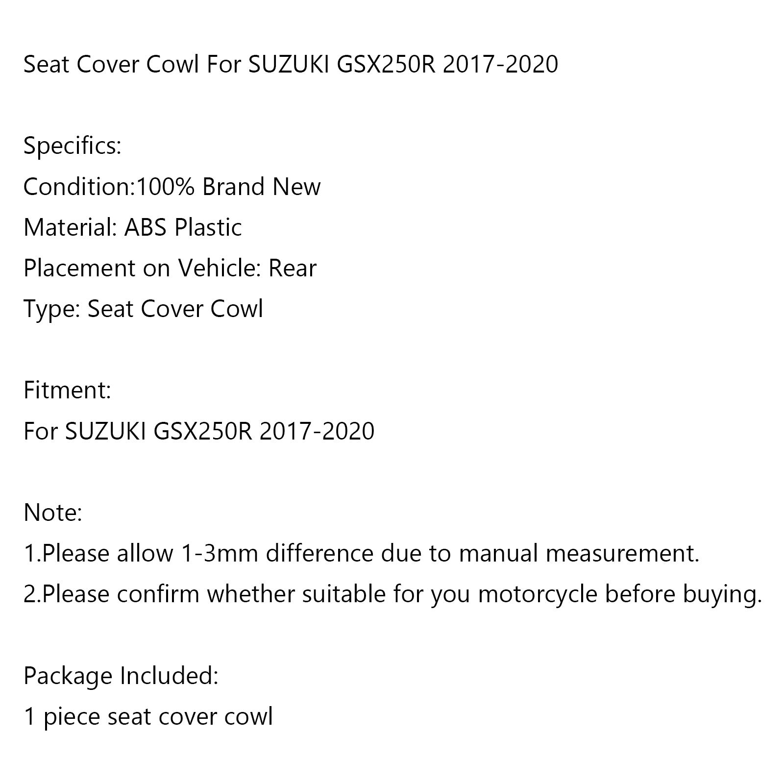 ABS Moto Sedile Posteriore Carenatura Copertura Cowl Per SUZUKI GSX 250 R 2017-2020