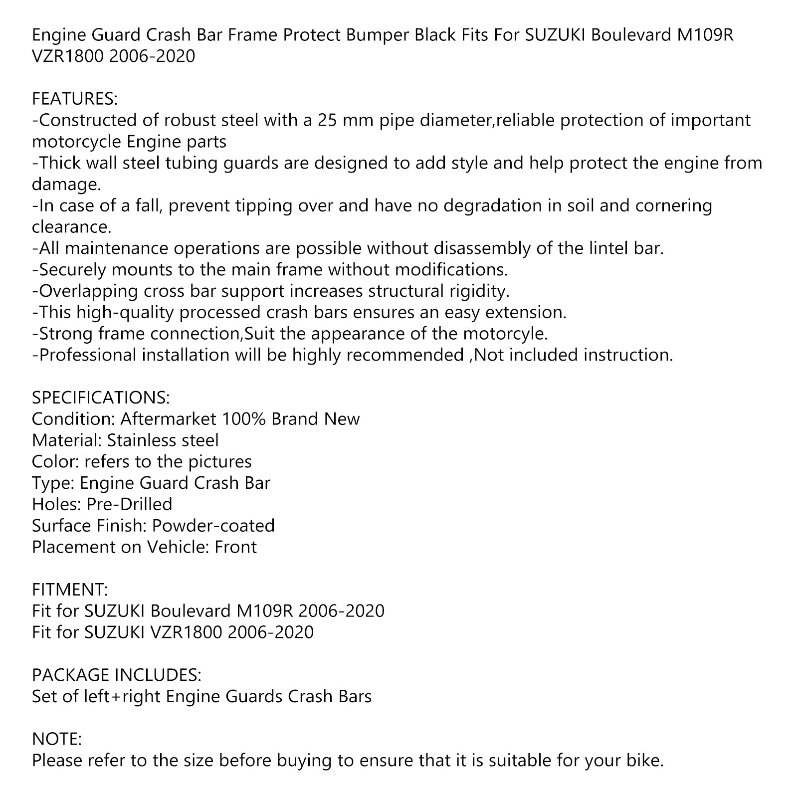 Bumper Engine Protection Guard Crash Bar Black For Suzuki M109R Vzr1800 06-20 Generic