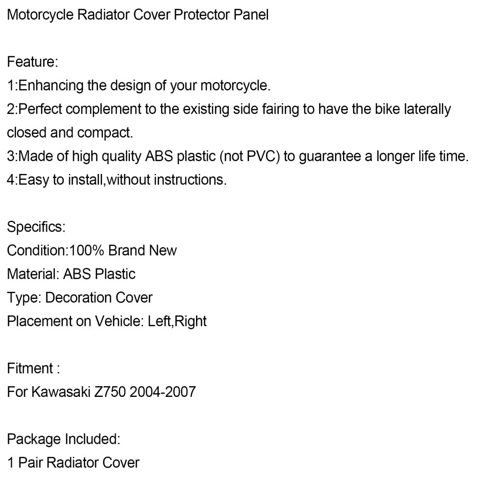 Pannello protettivo per copertura radiatore moto per Kawasaki Z750 2004-2007 generico