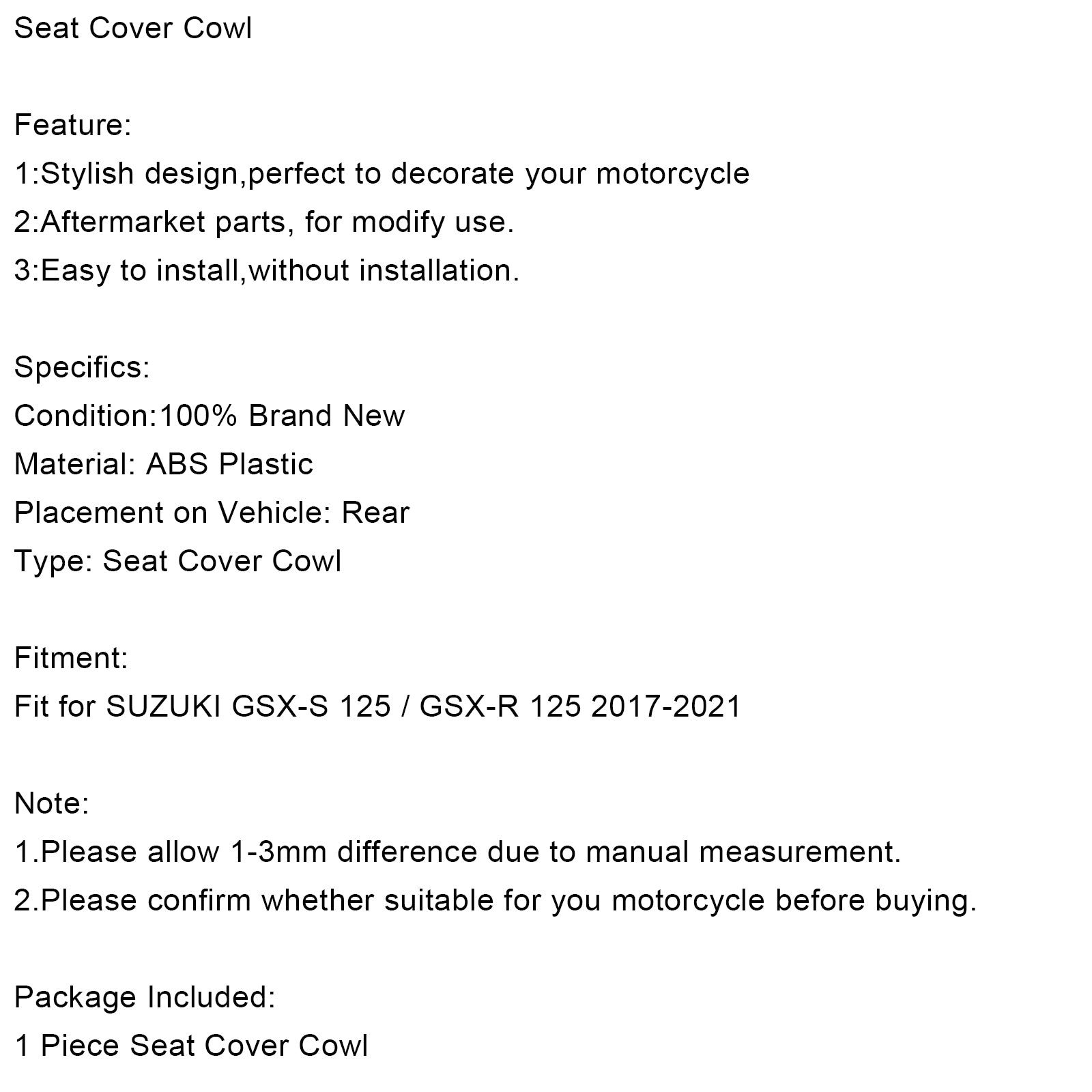 Copri carena per sedile posteriore moto adatto per SUZUKI GSX-S/GSX-R 125 2017-2021 Generico