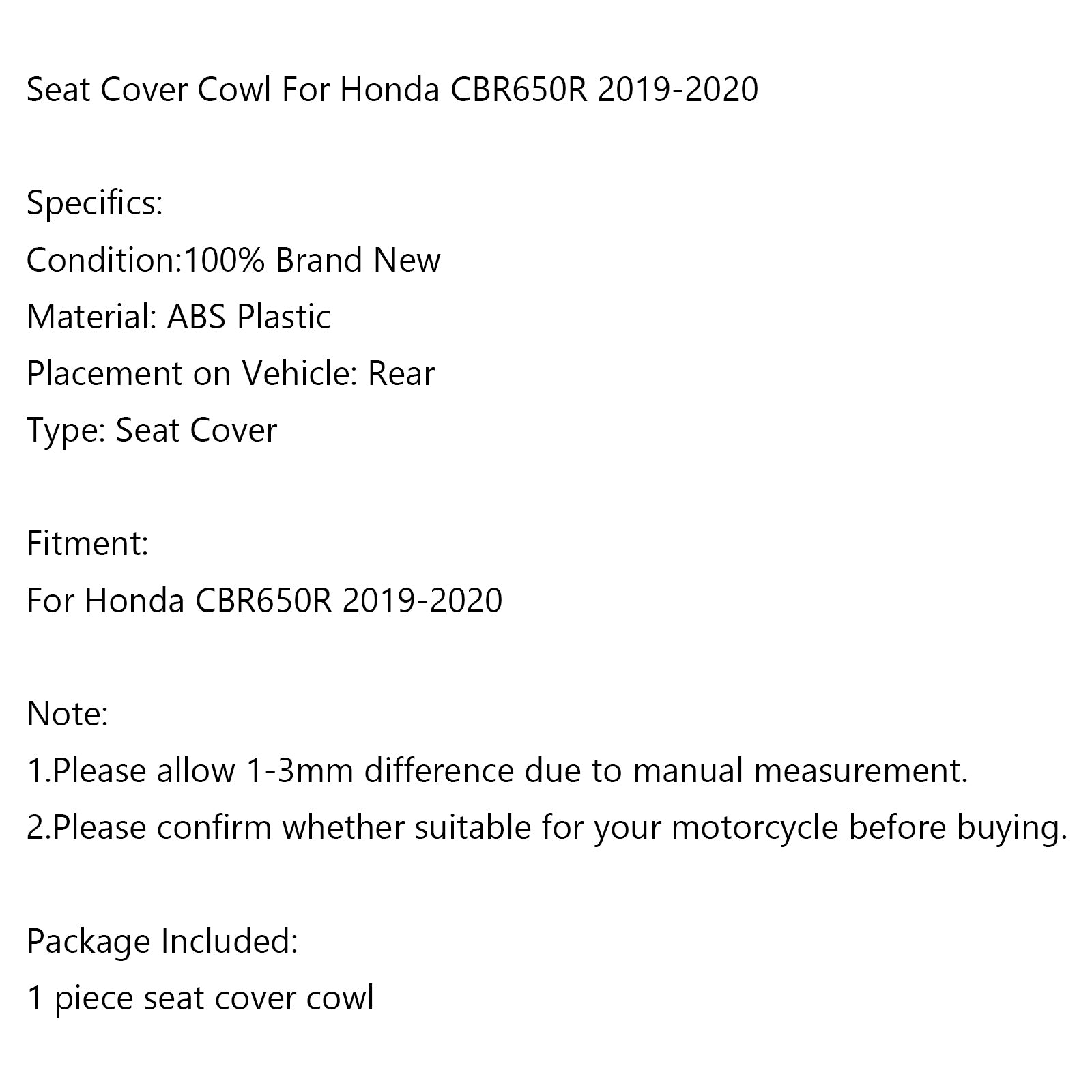 Honda CBR650R 2019-2020 Couverture de passager de siège arrière de moto Carénage de capot