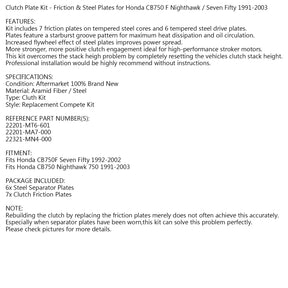 Clutch Plate Kit Friction & Steel Plates for Honda CB750 Nighthawk CB750F 91-03 Generic