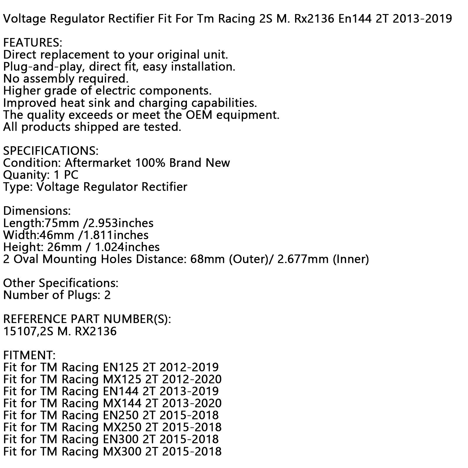 Voltage Regulator Rectifier Fit For Tm Racing 2S M. Rx2136 En144 2T 2013-2019