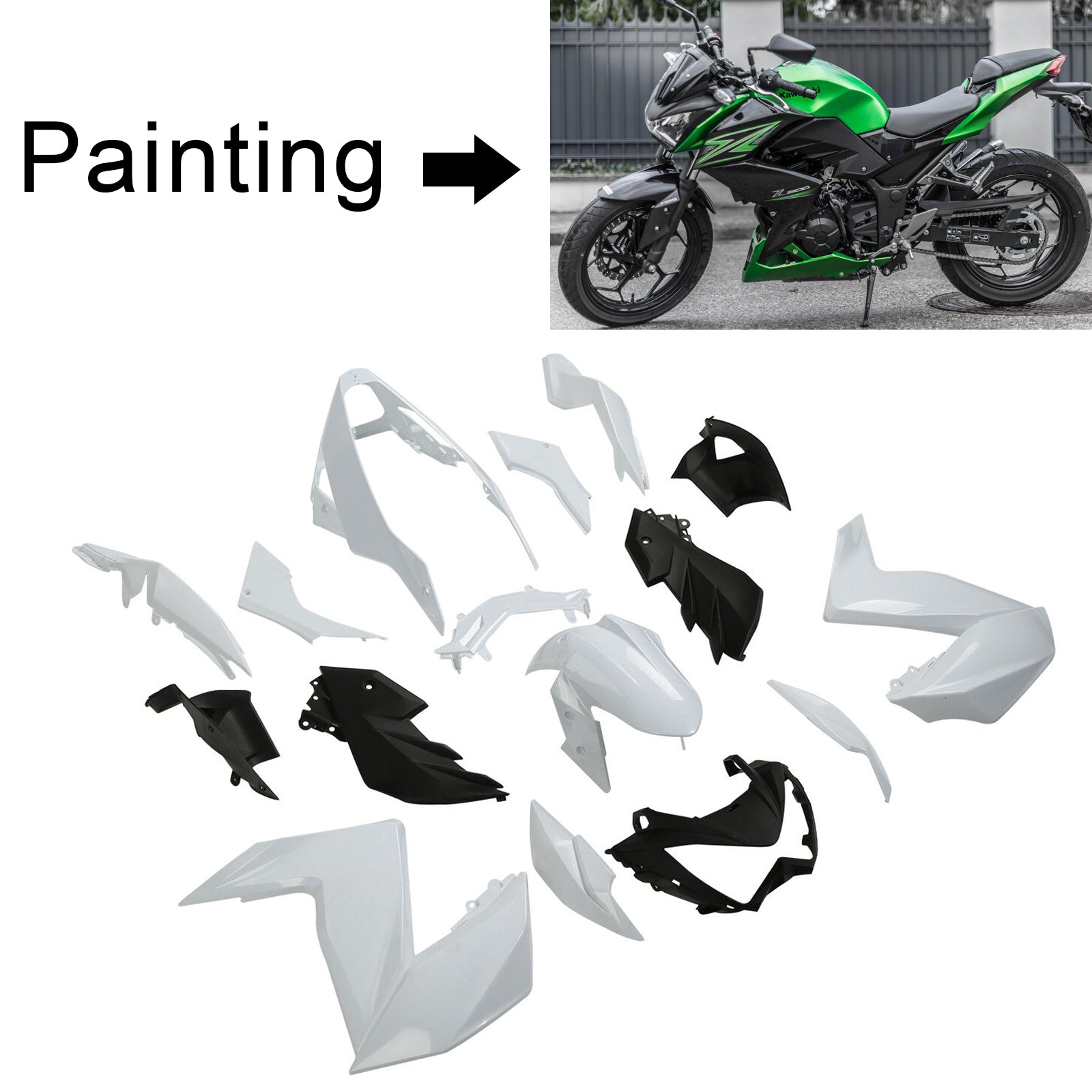 Amotopart Kawasaki 2015–2016 Z250/Z300 Schwarz mit grünem Verkleidungsset