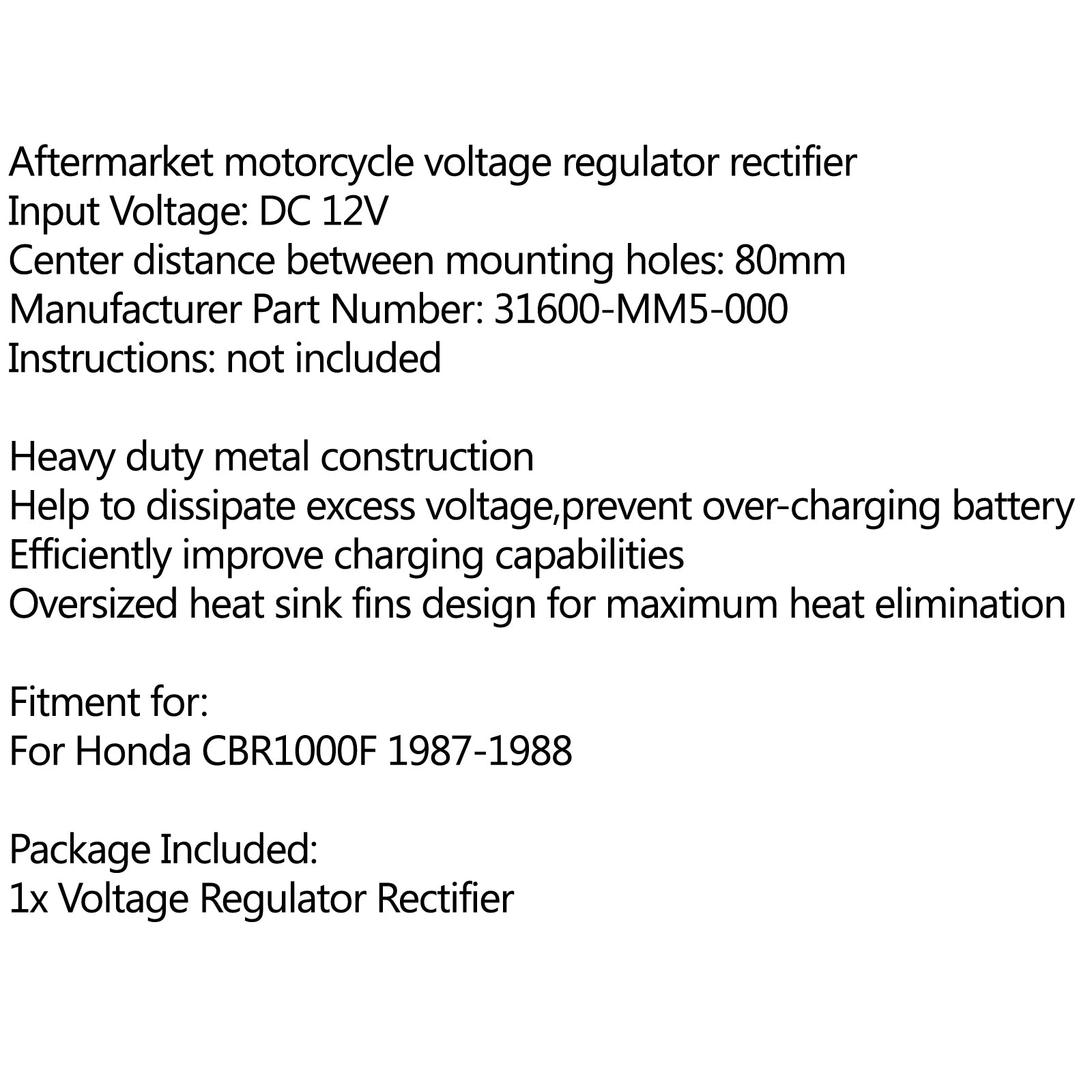 Rectificador regulador de voltaje 31600-MM5-000 para Honda CBR1000F 1987-1988