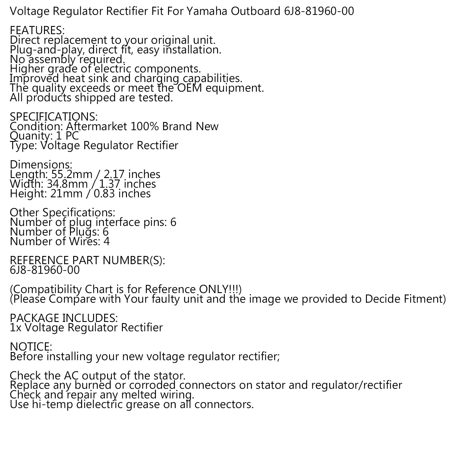 Rectifier Regulator 6J8-81960-00 Fit for Yamaha 6hp - 50hp 1990 - 2013 Outboard Generic
