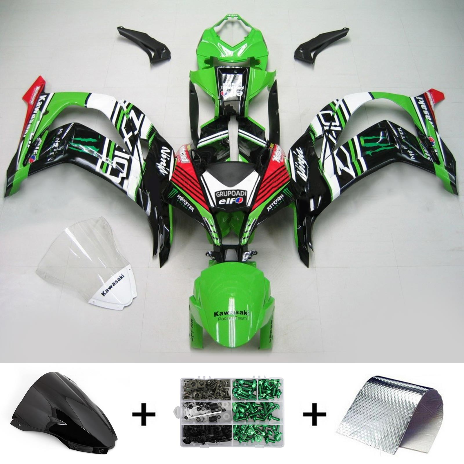 Amotopart 2021-2025 Kawasaki ZX10R ZX10RR Grön Svart Style4 Fairing Kit