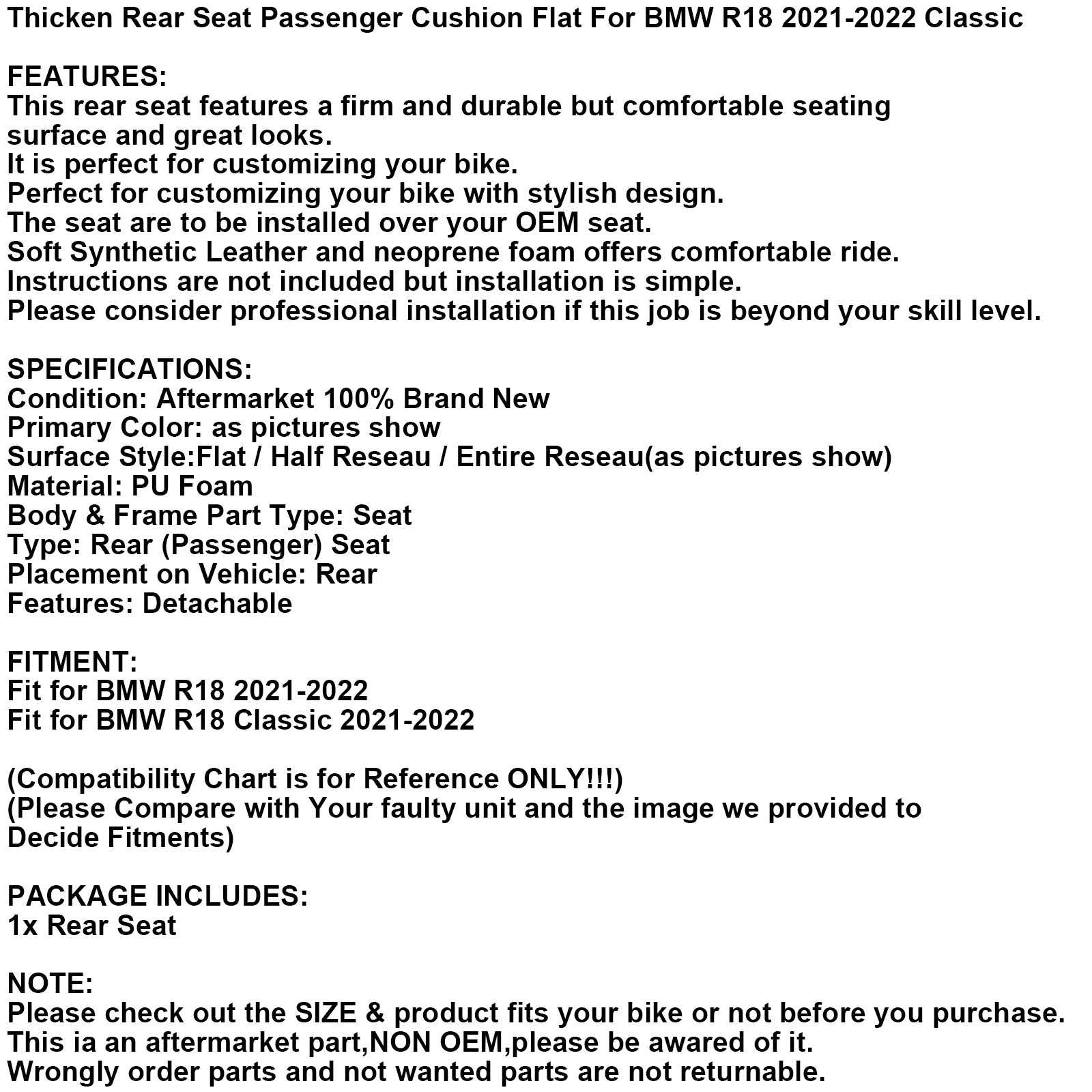 Rear Passenger Seat Pillion Saddle Flat Black For BMW S1000Rr 19-22 2020 2021