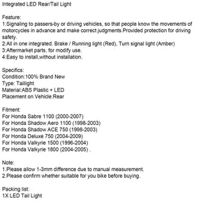 Integriertes LED-Rücklicht/Rücklicht für Honda Sabre Shadow ACE Deluxe Valkyrie Generic