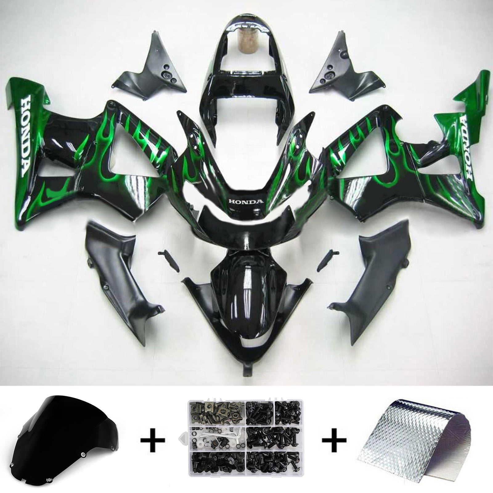 Amotopart 2000-2001 Honda CBR929RR Fairing Black&Green Fire Kit